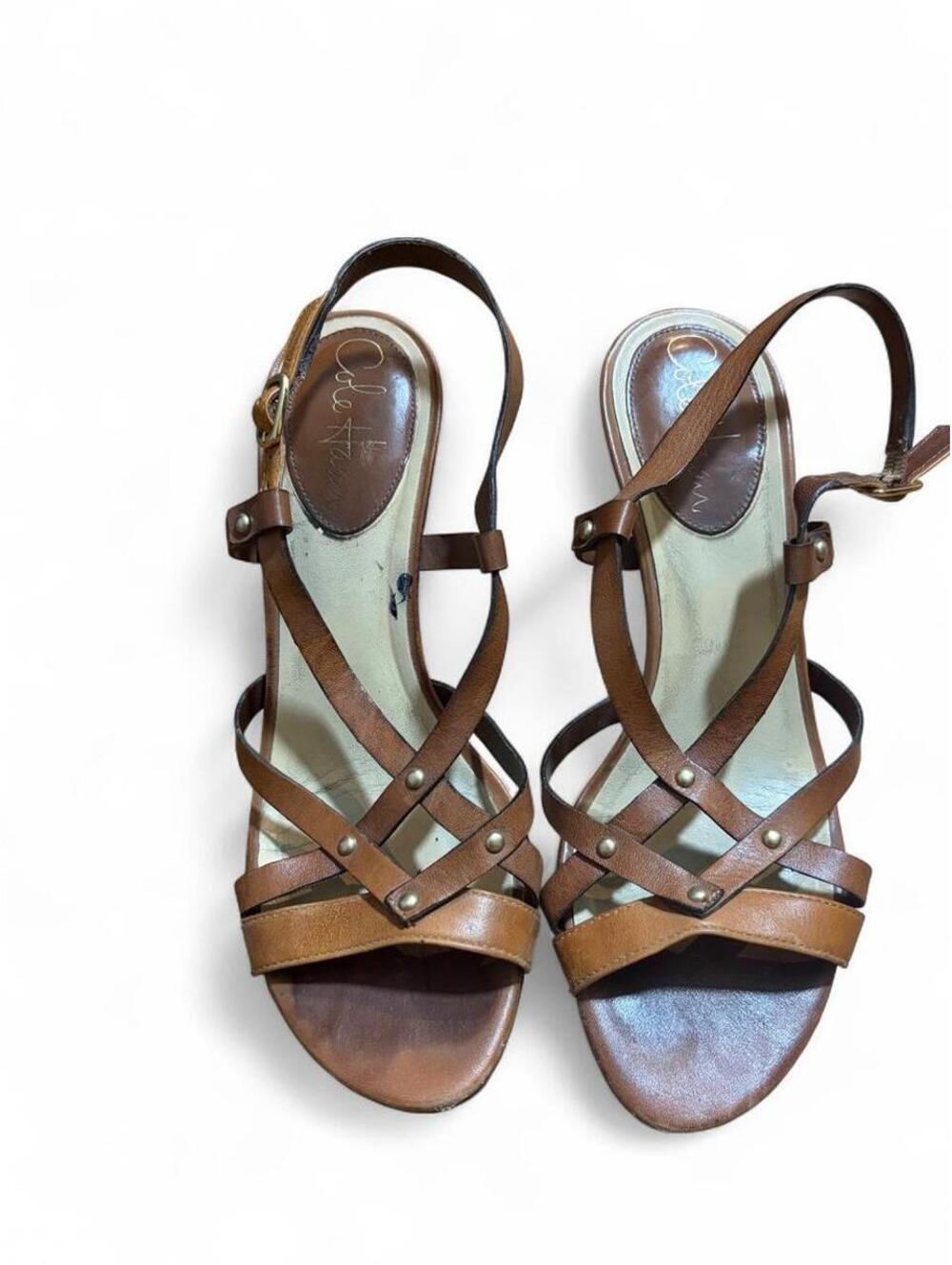 -Y2K Cole Haan brown leather sandals heel with criss-cross straps size 6 1/2